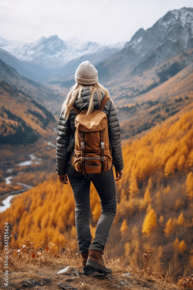 active mature caucasian woman hiking travelling in mountains with backpack, Generative AI