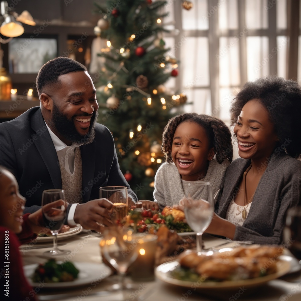 A joyous family gathering for a festive christmas dinner, with beaming smiles, stylish clothing, and delectable food spread out on the table, creating a warm and inviting indoor party atmosphere