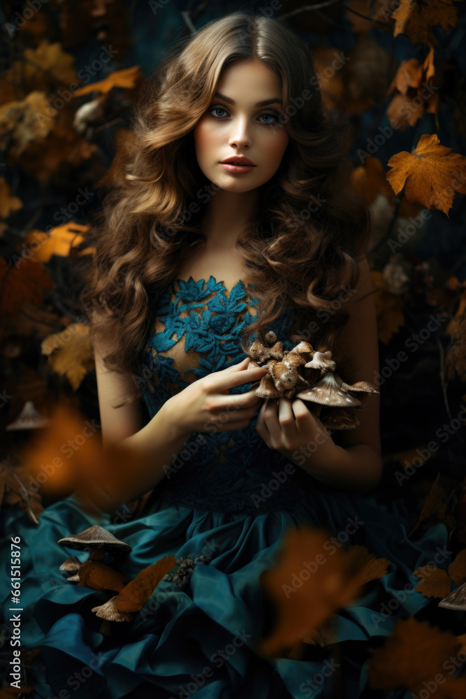 mysterious autumn woman in teal dress with mushrooms, halloween witch, Generative AI mysterious autumn woman in teal dress with mushrooms, halloween witch, Generative AI