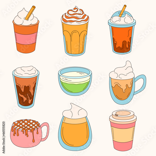 Collection of coffee cups in doodle style. Set of cartoon mugs with beverages. Vector isolated illustration.