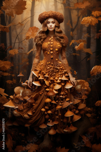 mysterious autumn woman in dress with mushrooms, halloween witch, Generative AI