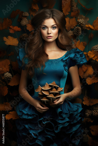 mysterious autumn woman in teal dress with mushrooms, halloween witch, Generative AI