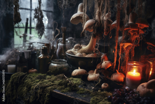 Witchcraft witch interior, potion, herbs ingredients candles and magical equipment, halloween inspiration, Generative AI