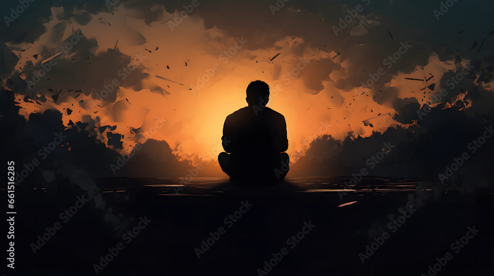 silhouette depressed man sadly sitting