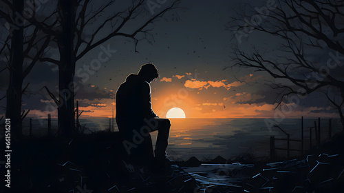 silhouette depressed man sadly sitting photo