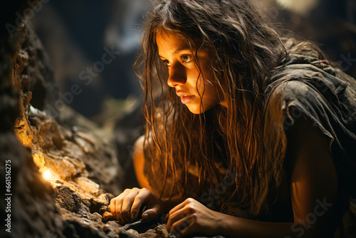 Young woman with light in cave seeking magic or treasure