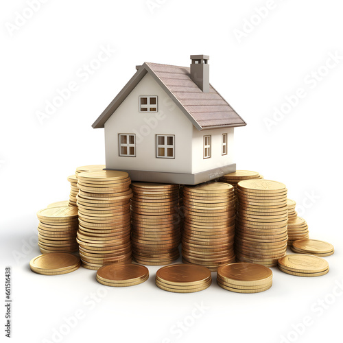 Mini house with pile of coins, concept of investment property. Isolated on white background