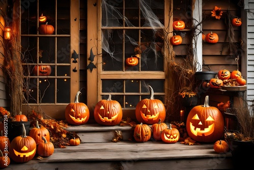 Cozy Halloween Pumpkin Décor on Rustic Wooden Porch 
