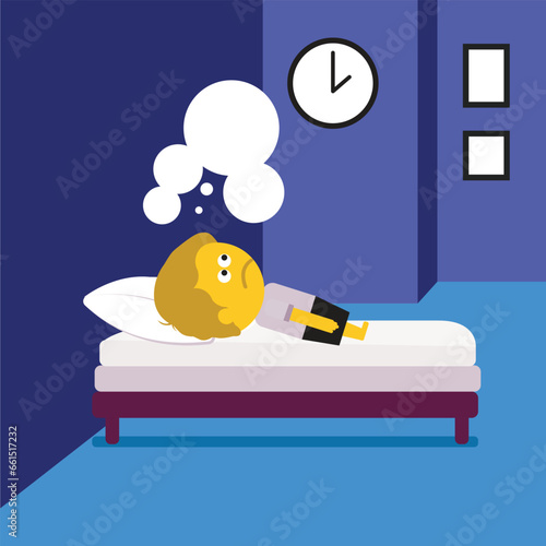 Sleepless man thinking sadly while lying in bed at midnight.