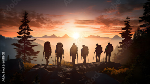 A group of people standing on top of a mountain at sunset