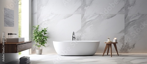 Contemporary bathroom with stylish marble walls With copyspace for text