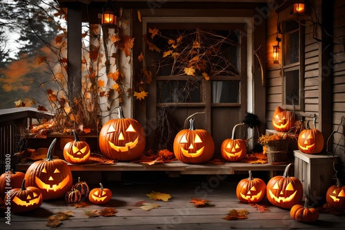 Cozy Halloween Pumpkin Décor on Rustic Wooden Porch 