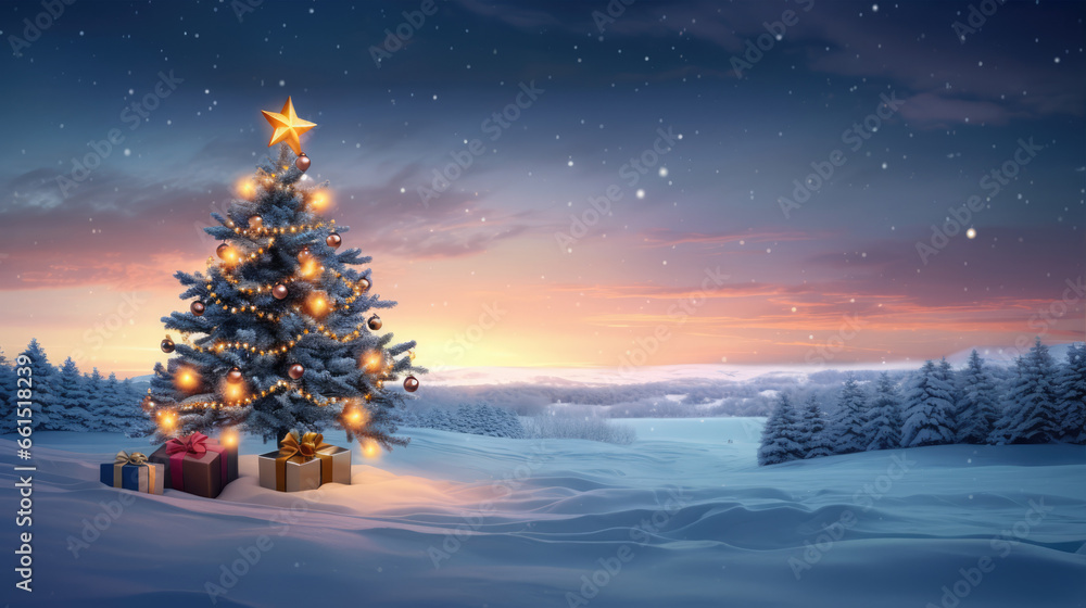 Magical Christmas Tree with Starlit Sky and Snowy Landscape Magical Christmas Tree with Starlit Sky and Snowy Landscape