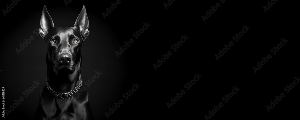 Black and white portrait of a Doberman Pinscher dog isolated on black background banner with copy space - obrazy, fototapety, plakaty 
