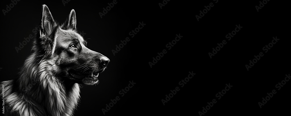 Black and white portrait of a German Shepherd dog isolated on black background banner with copy space - obrazy, fototapety, plakaty 