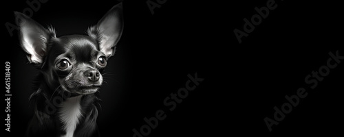 Black and white portrait of a Chihuahua dog isolated on black background banner with copy space © JoelMasson