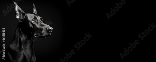 Black and white portrait of a Doberman Pinscher dog isolated on black background banner with copy space