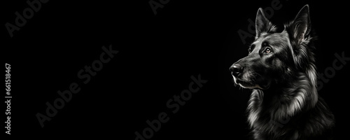 Black and white portrait of a German Shepherd dog isolated on black background banner with copy space
