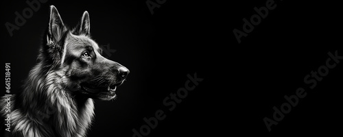 Black and white portrait of a German Shepherd dog isolated on black background banner with copy space photo