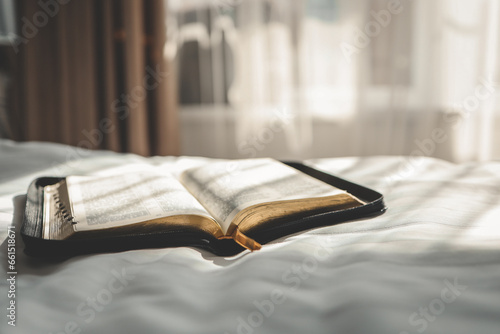 Photography Open Bible on the bed, morning prayer