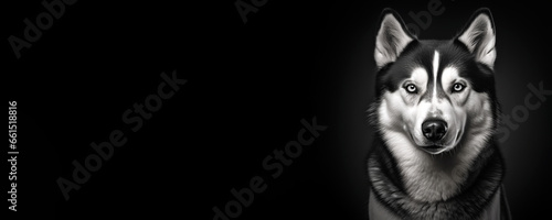 Black and white portrait of a Siberian Husky dog isolated on black background banner with copy space photo