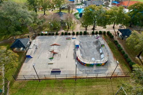 A drone photo shot of a skateboard park in Safety Harbor, Florida