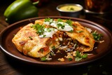 a Mexican stuffed tortilla dish with savory fillings, typically served with sauce and cheese. Generative AI