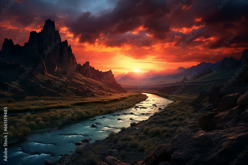 Scenic sunset mountain valley river. Generative AI