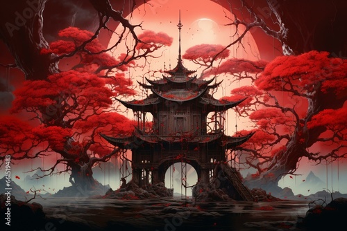 An artwork depicting a structure adorned with a crimson canopy on its exterior. Generative AI photo