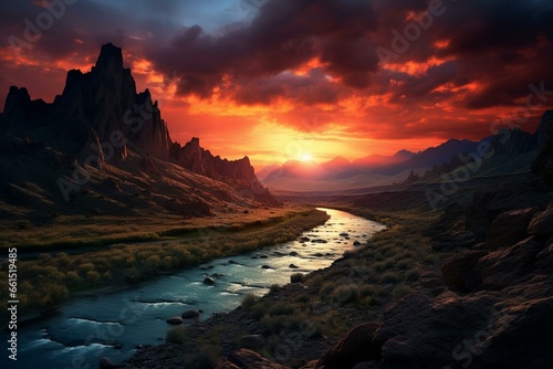 Scenic sunset mountain valley river. Generative AI © Isabella