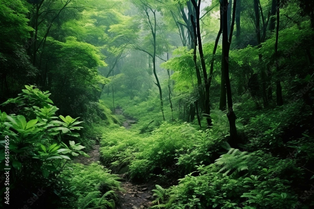 lush foliage in dense forest. Generative AI