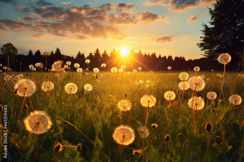 Sunlit dandelions swaying in a meadow. Lush and vivid seasonal scenery. Generative AI