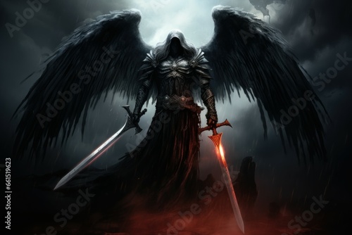 Ancient Death angel sword. Dark person battle. Generate Ai