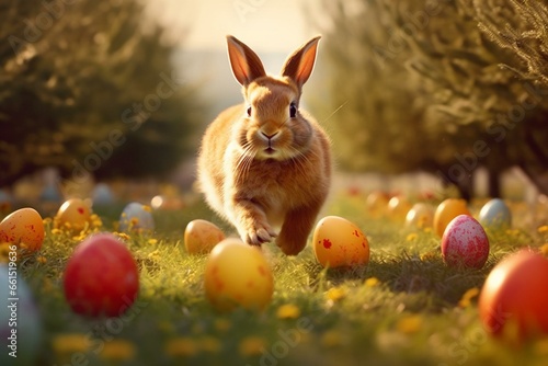 active bunny with festive eggs running. Generative AI