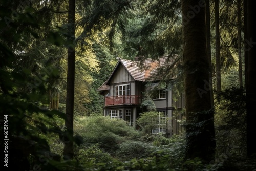 a house in a wooded area. Generative AI