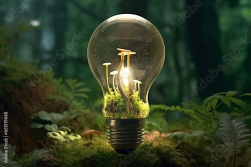 Futuristic light bulb, sustainable with ecosystem, environmental protection. Generative AI