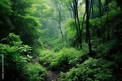 lush foliage in dense forest. Generative AI © Kamila
