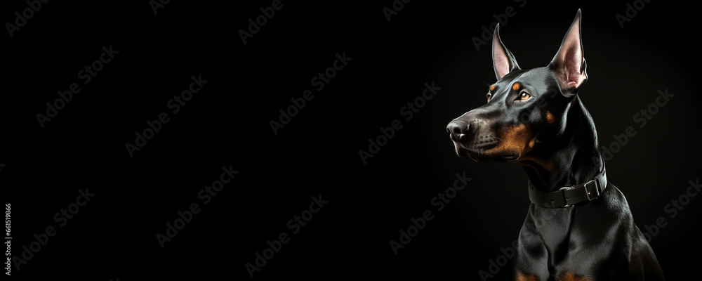 Portrait of a Doberman Pinscher dog isolated on black background banner with copy space - obrazy, fototapety, plakaty 