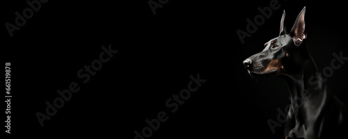 Portrait of a Doberman Pinscher dog isolated on black background banner with copy space
