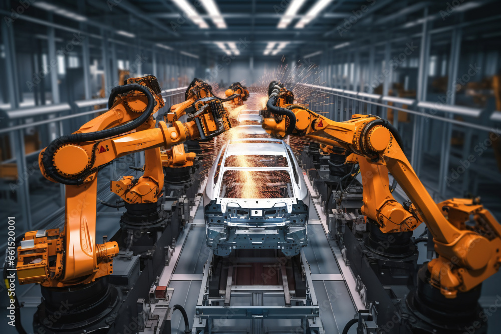 In a car factory, a modern robotic arm is actively engaged in the assembly line, showcasing the integration of automation in the manufacturing process. In a car factory, a modern robotic arm is actively engaged in the assembly line, showcasing the integration of automation in the manufacturing process.