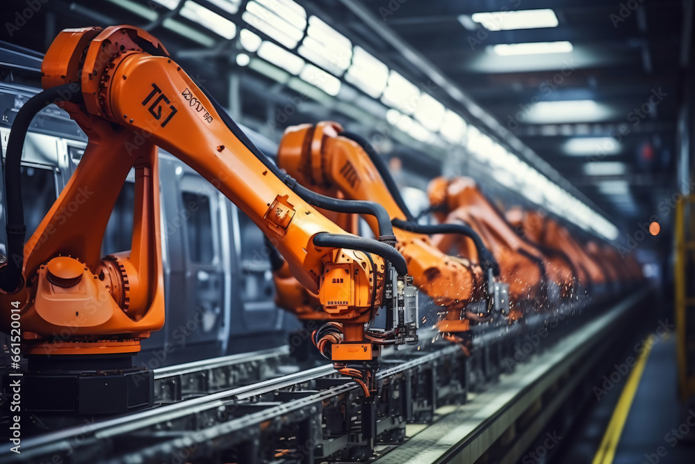 In a car factory, a modern robotic arm is actively engaged in the assembly line, showcasing the integration of automation in the manufacturing process.