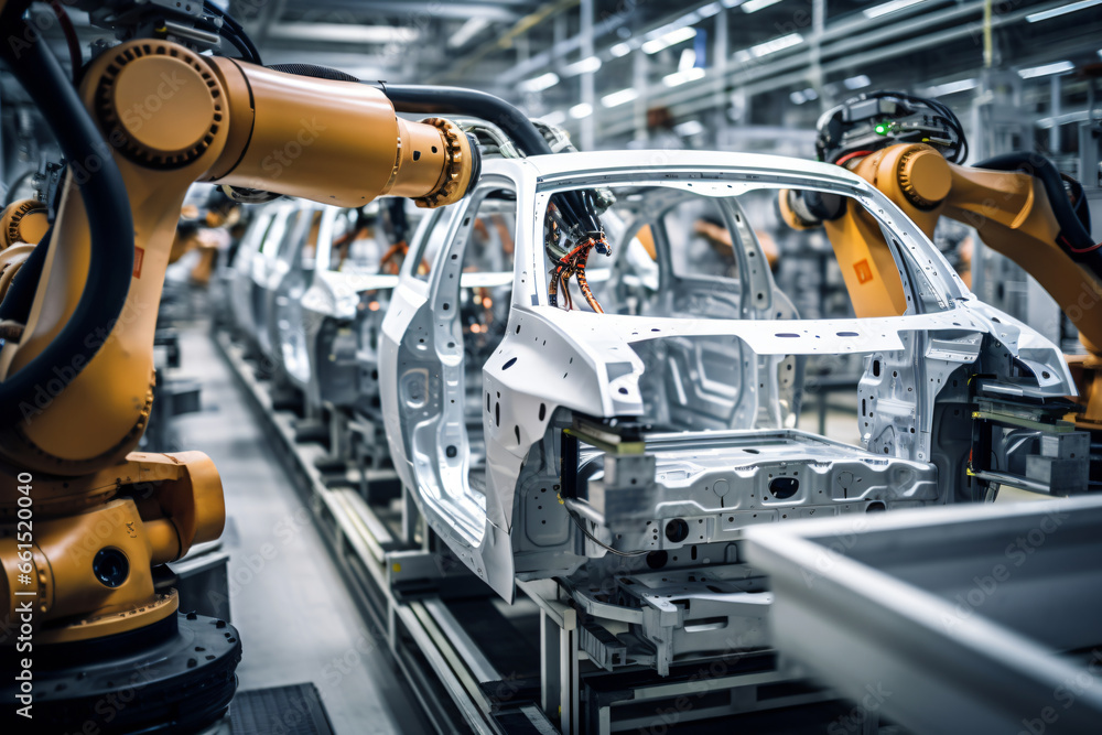 In a car factory, a modern robotic arm is actively engaged in the assembly line, showcasing the integration of automation in the manufacturing process.