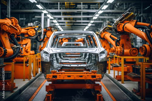 In a car factory, a modern robotic arm is actively engaged in the assembly line, showcasing the integration of automation in the manufacturing process.
