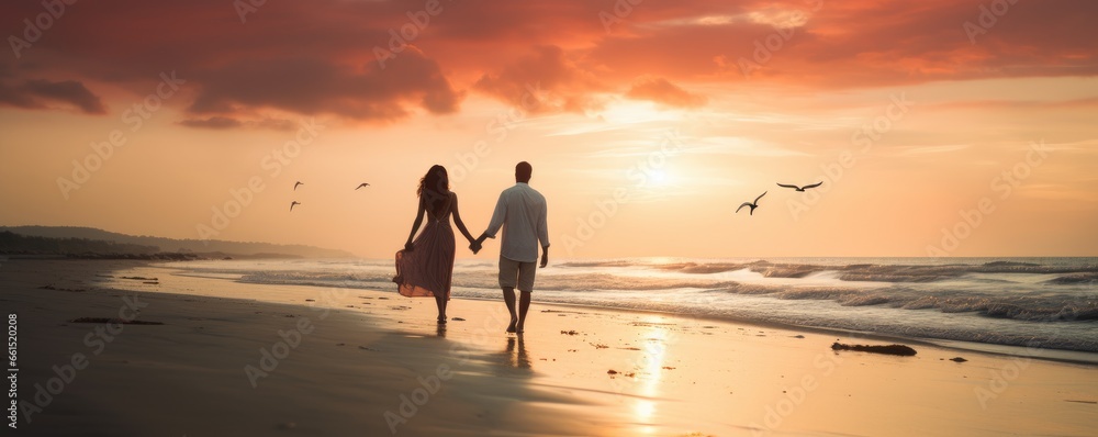 Couple walking along a beach on a romantic evening - obrazy, fototapety, plakaty 