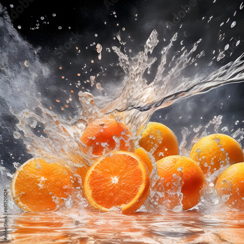 Orange fruits with Splashing water. Orange fruit on the black background