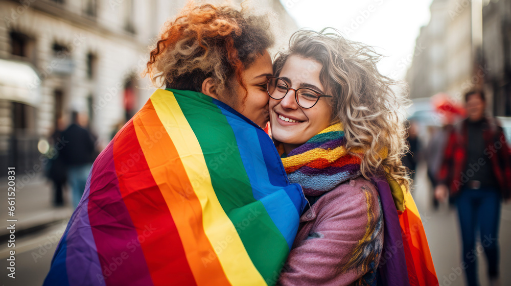 Valentine's Day concept. Two women hugging each other with love with the pride flag. Valentine's Day concept. Two women hugging each other with love with the pride flag.