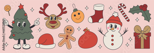 Groovy 70s Christmas sticker set. Trendy retro cartoon style. Comic cartoon characters and elements. Christmas tree, deer, snowman, gingerbread, gift