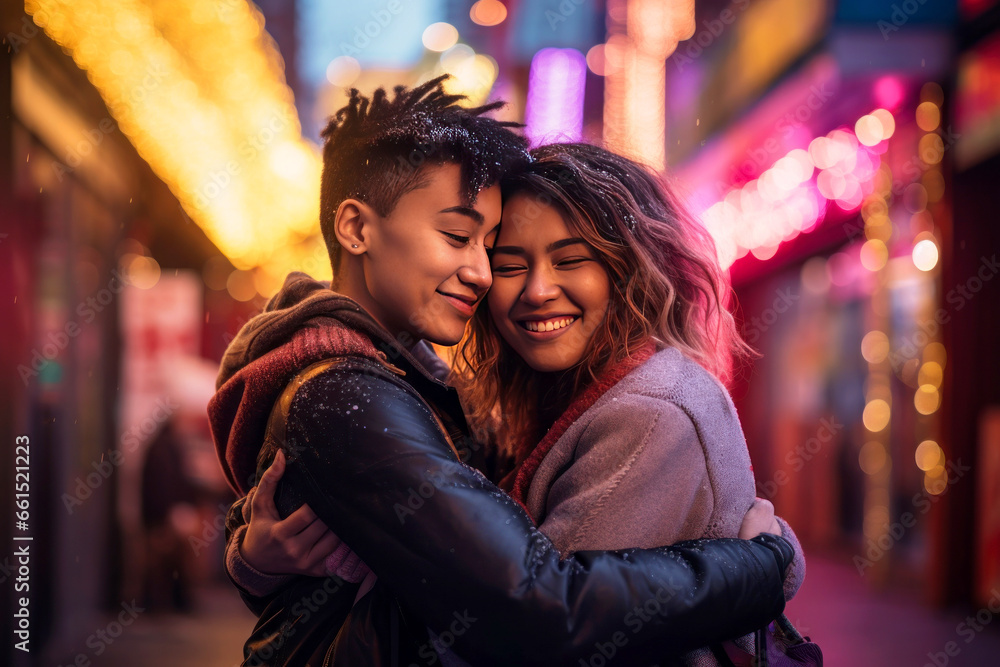 Valentine's Day concept. Two women of different races hugging each other with love on the street. Valentine's Day concept. Two women of different races hugging each other with love on the street.