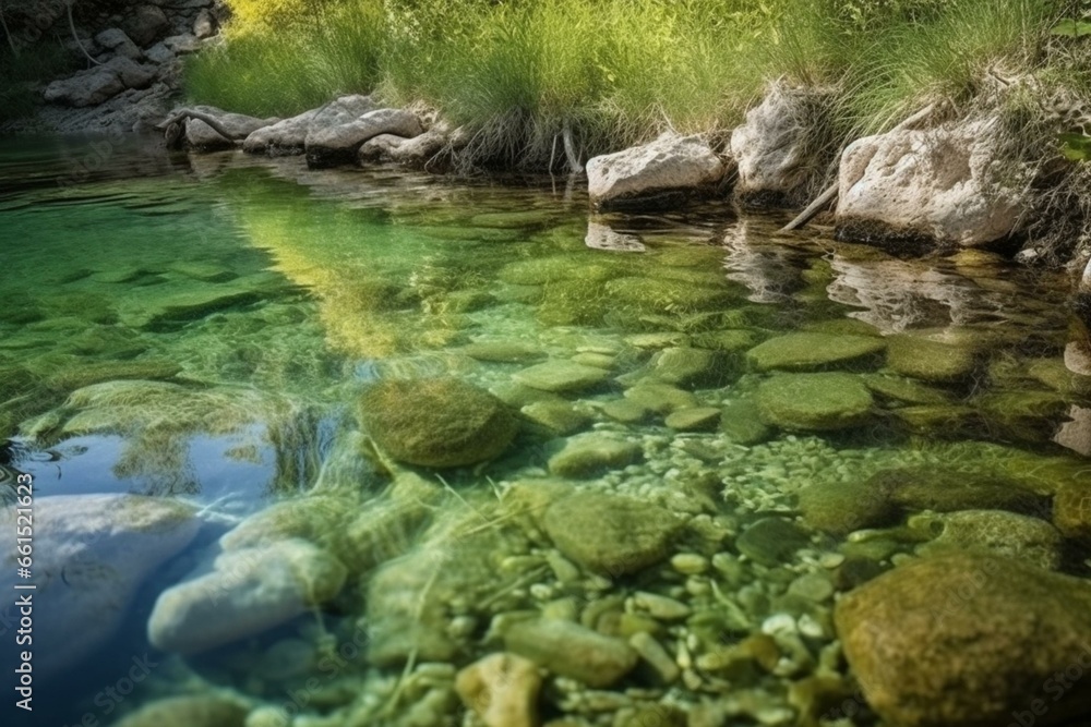 A close-up of a small river with clear water - spring. Generative AI