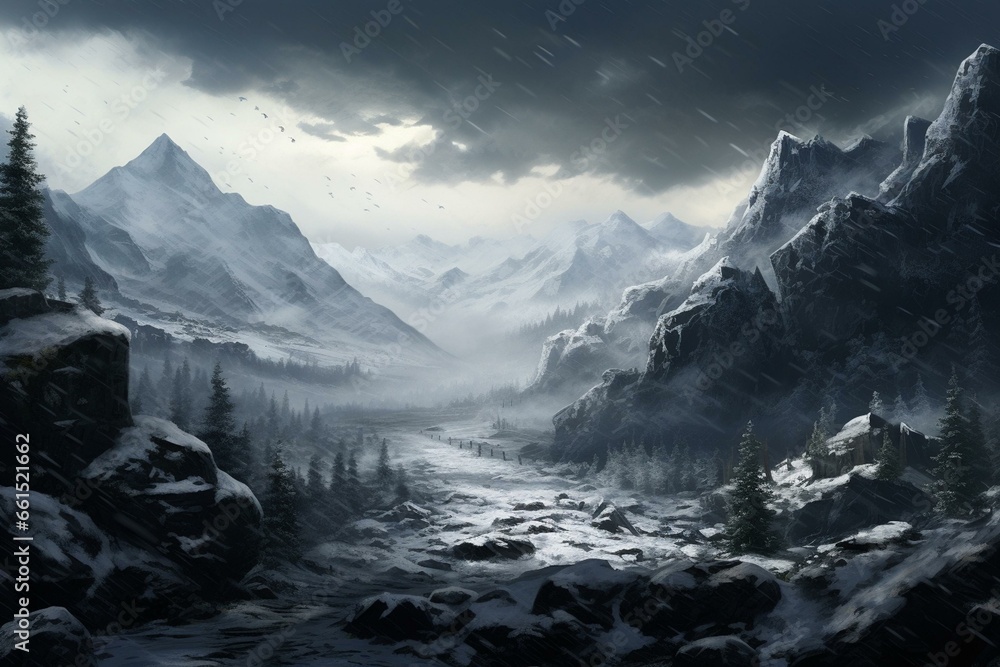 A snowy landscape features the word freedom amidst rocky terrain. Generative AI - obrazy, fototapety, plakaty 